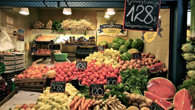 A food stall inside the Central Market Hall in Budapest; an illustration, not taken at First Street Market.
