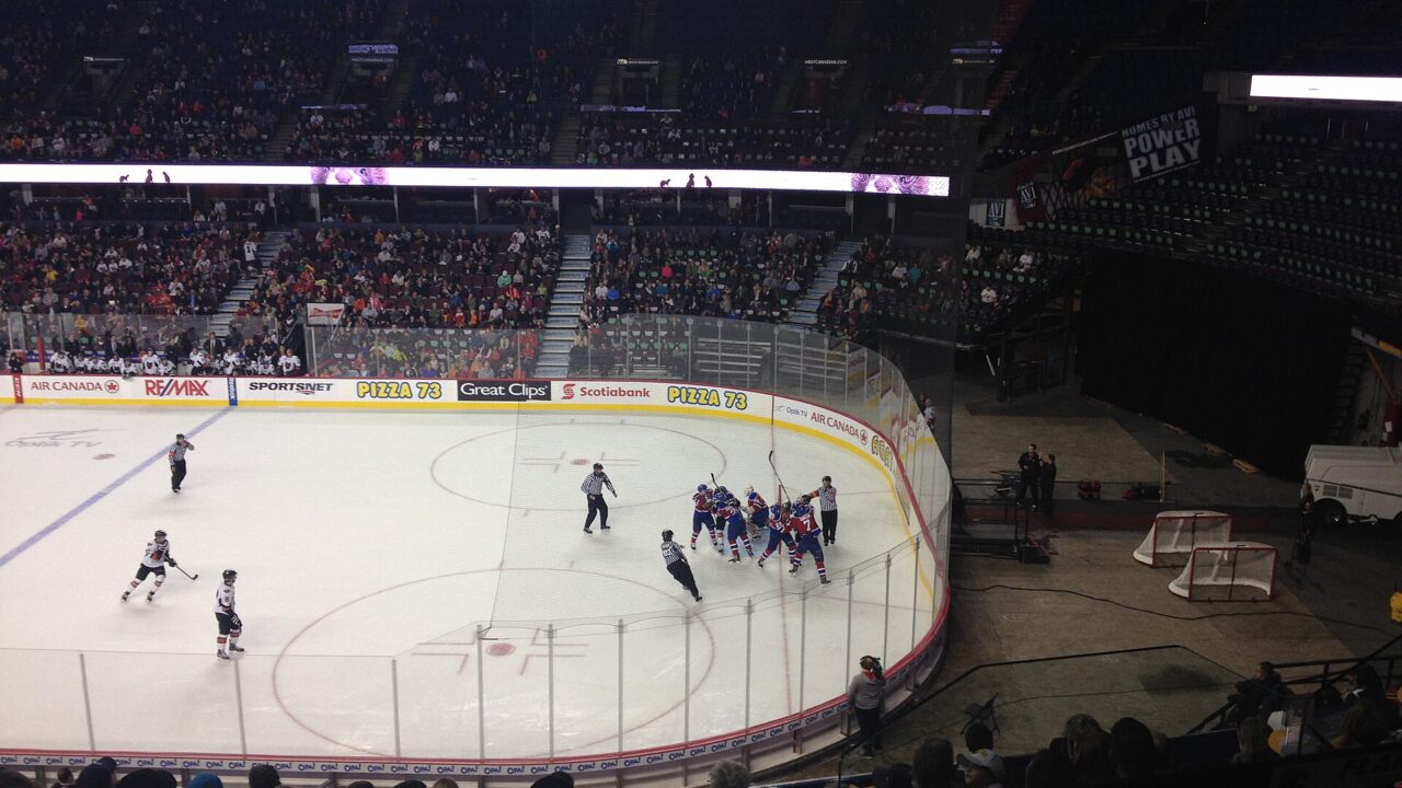 Calgary Hitmen and Edmonton Oil Kings players during an Oil Kings at Hitmen WHL game in September 2015.