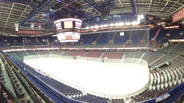 The empty seating bowl and ice surface inside the Scotiabank Saddledome in Calgary in January 2015.