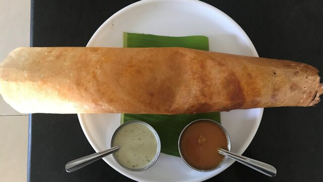 A South Indian masala dosa with chutneys; an illustration, not taken at Kondattam Indian Kitchen & Bar.
