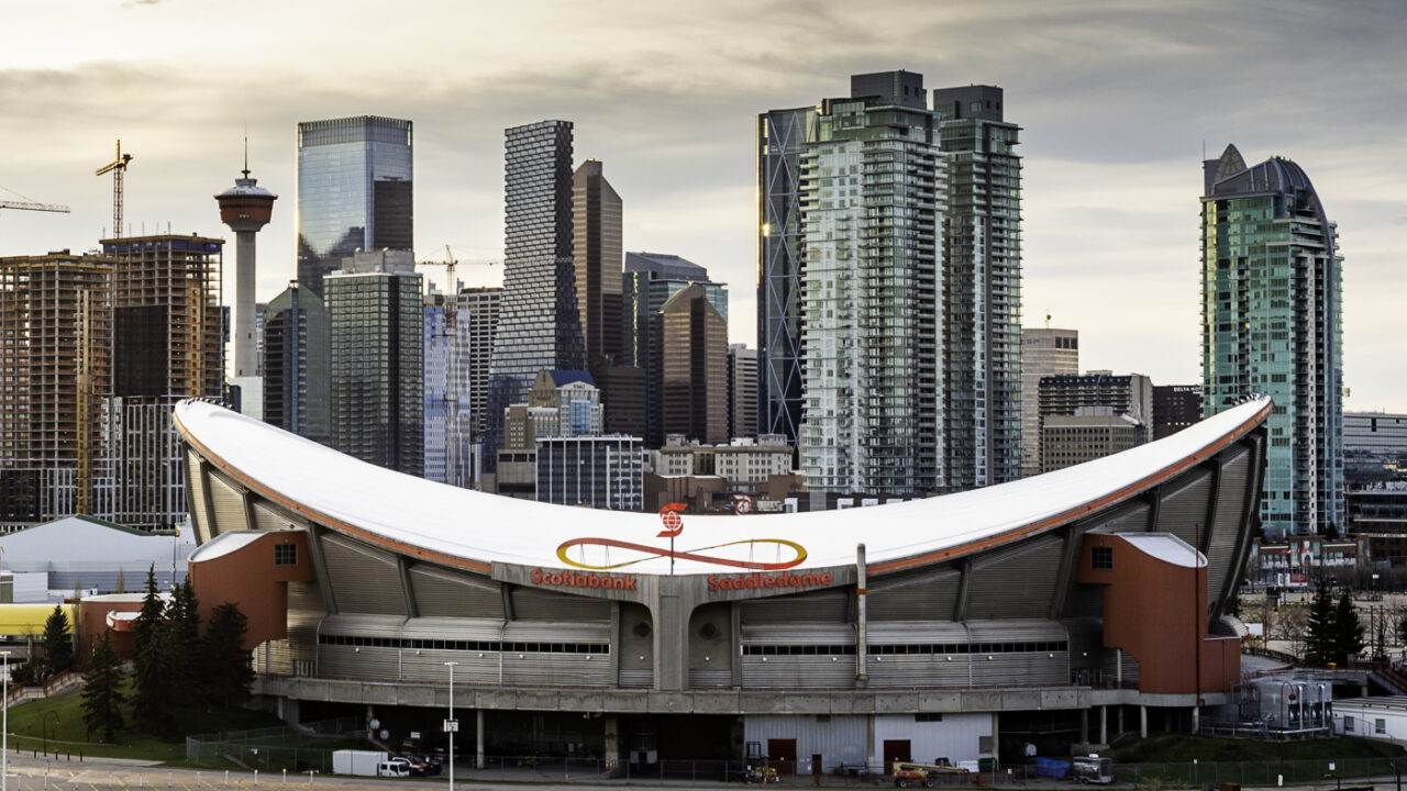 The Scotiabank Saddledome and its saddle-shaped roof in Calgary, photographed in May 2020.