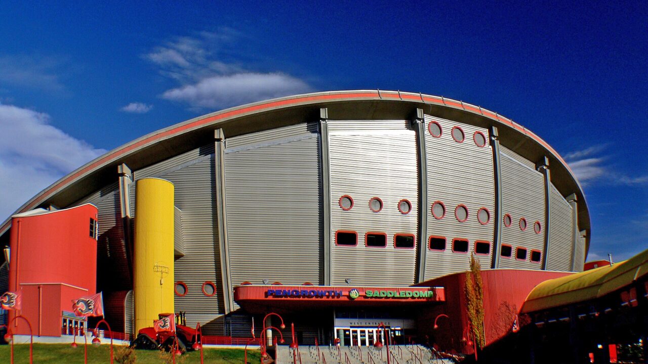 The saddle-shaped roof of the Scotiabank Saddledome in Calgary, photographed in October 2007.