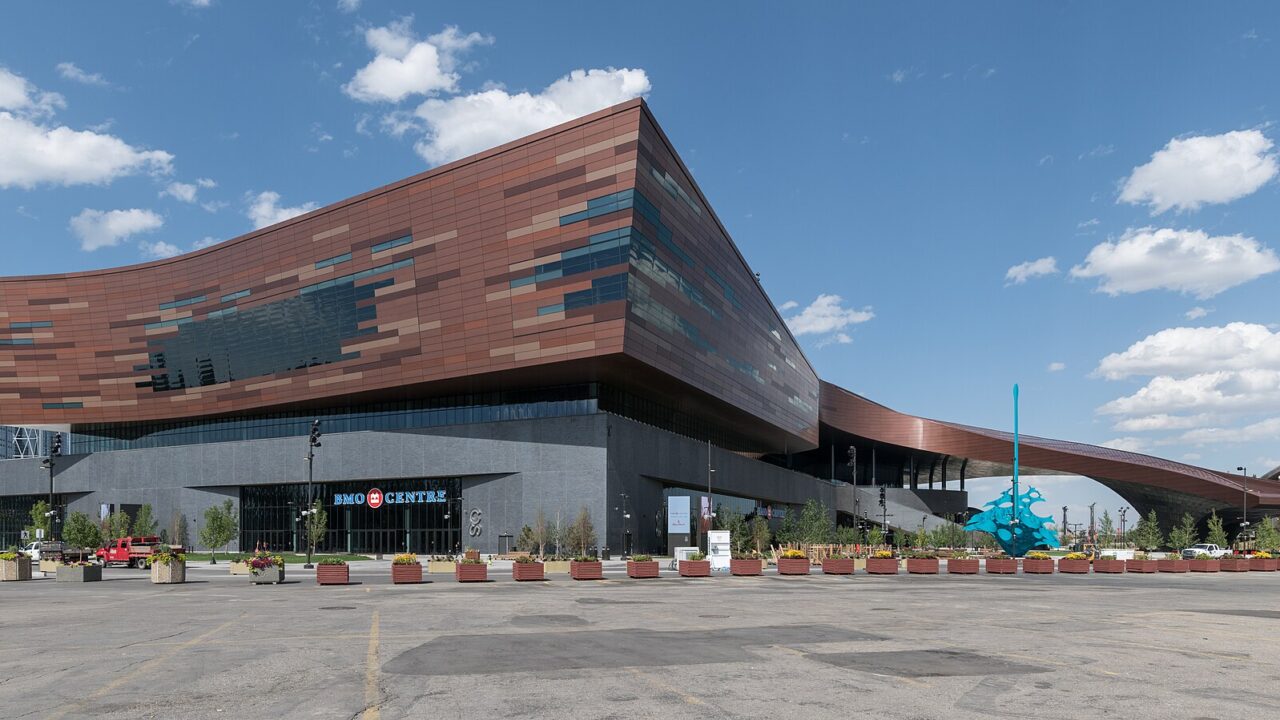 The expanded BMO Centre convention building at Stampede Park, Calgary, seen from the south in August 2024.