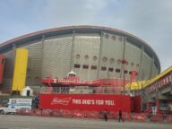 The Scotiabank Saddledome in Calgary during NHL playoff time, photographed on April 17 2017.