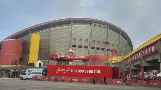 The Scotiabank Saddledome in Calgary during NHL playoff time, photographed on April 17 2017.