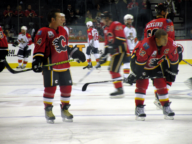 Calgary Flames forwards Theoren Fleury and Jarome Iginla stand together before an exhibition game against the Florida Panthers in Calgary in September 2009.