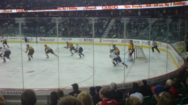 Calgary Hitmen and Brandon Wheat Kings players in a Western Hockey League game on April 15 2007.