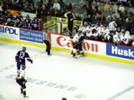 Action in the Calgary Hitmen versus Lethbridge Hurricanes WHL playoff game at the Saddledome on March 29 2005.