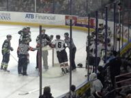 Calgary Hitmen and Edmonton Oil Kings players squaring off in a WHL game in Edmonton on January 9 2016.