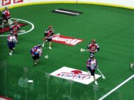 Calgary Roughnecks and Toronto Rock players in action during a National Lacrosse League game at the Saddledome on April 17 2005.