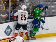 A hockey player in an AHL game against the Abbotsford Canucks on October 23 2022.