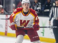 Calgary Wranglers player Connor Zary in an AHL game on March 10 2023.