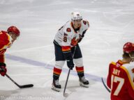 Calgary Wranglers and Coachella Valley Firebirds players in an AHL game in Calgary on October 29 2022.