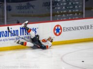 Action from the Calgary Wranglers versus Coachella Valley Firebirds AHL game in Calgary on October 29 2022.