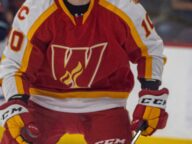Calgary Wranglers player Cole Schwindt during an AHL home game in Calgary on October 29 2022.