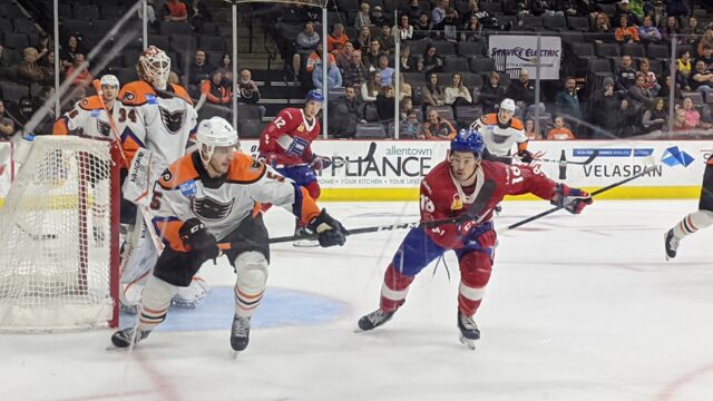 AHL players of the Laval Rocket and Lehigh Valley Phantoms in a game at Allentown's PPL Center in January 2020.