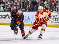 A Coachella Valley Firebirds forward and a Calgary Wranglers player skating together in an AHL game on April 26 2025.