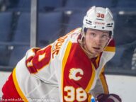 Calgary Wranglers player Nicolas Meloche in an AHL game on March 10 2023.