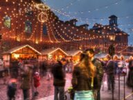 A holiday market with vendor stalls at the Distillery District in Toronto, December.