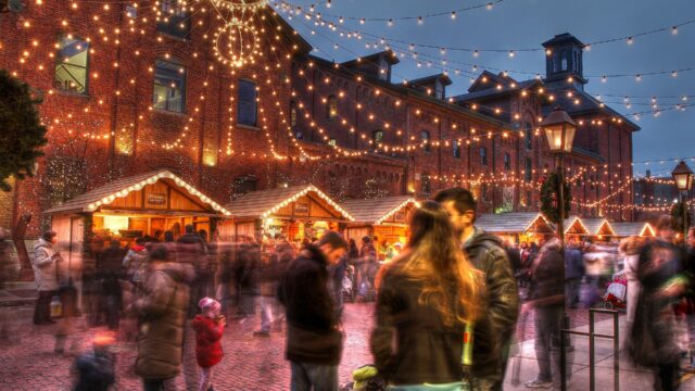 A holiday market with vendor stalls at the Distillery District in Toronto, December.