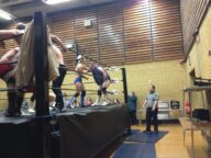 Two wrestlers in the ring at an independent pro wrestling show in Swanley, England, 2013.