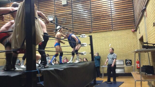 Two wrestlers in the ring at an independent pro wrestling show in Swanley, England, 2013.