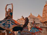 Garba dancers perform in the grounds of the Ambaji temple in Gujarat, India, 2012.