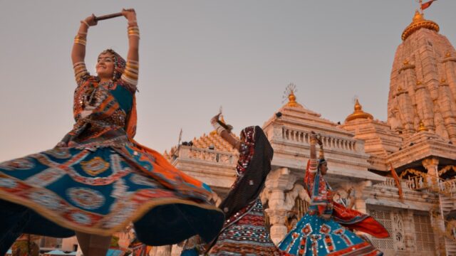 Garba dancers perform in the grounds of the Ambaji temple in Gujarat, India, 2012.