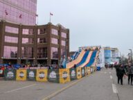 A large slide attraction and onlookers at the Grey Cup Festival in Edmonton, November 2018.