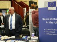 Exhibitors at a career fair in London in November 2016; not a photo of Career Fair Canada.