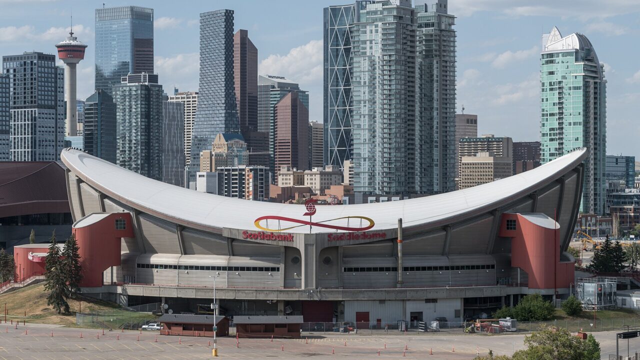 The Scotiabank Saddledome arena in Calgary seen from the southeast in August 2024.