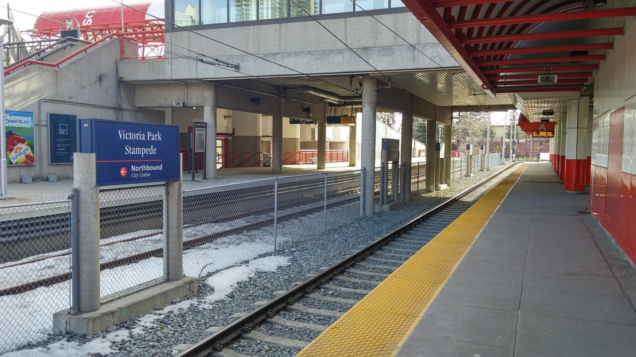 The Victoria Park/Stampede CTrain station in Calgary, photographed in February 2016.